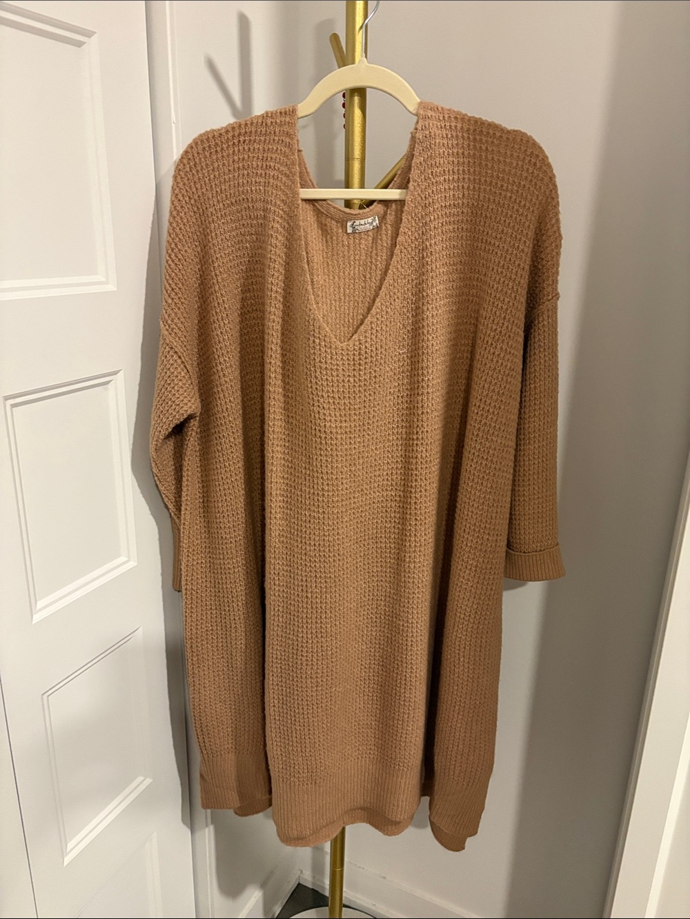 Free People Camel V-Neck Waffle Knit Sweater Dress